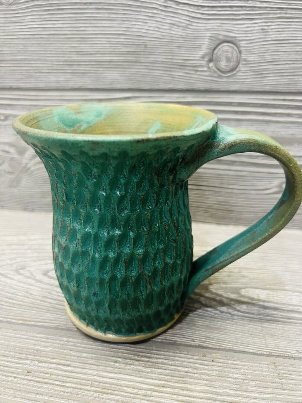 Handmade Ceramic Matte Glaze Coffee Cup Mug Artist Signed Rustic Green Textured
